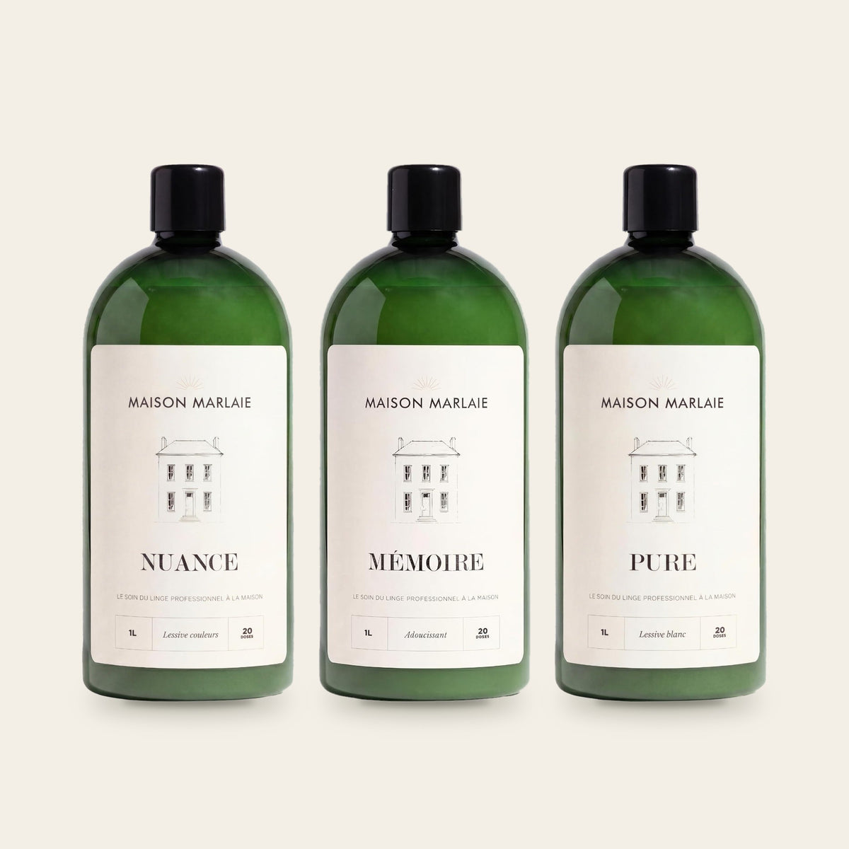 Coffret L'Essentiel Maison Marlaie : NUANCE, MÉMOIRE et PURE, trois flacons d'un litre
