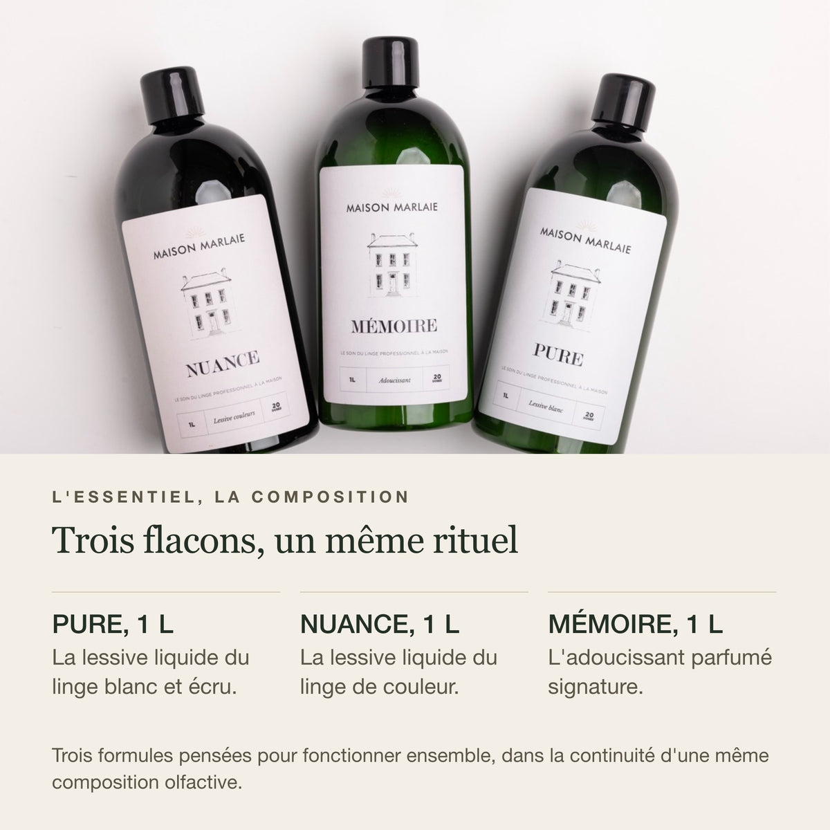 Composition de L'Essentiel : PURE 1 L, NUANCE 1 L et MÉMOIRE 1 L