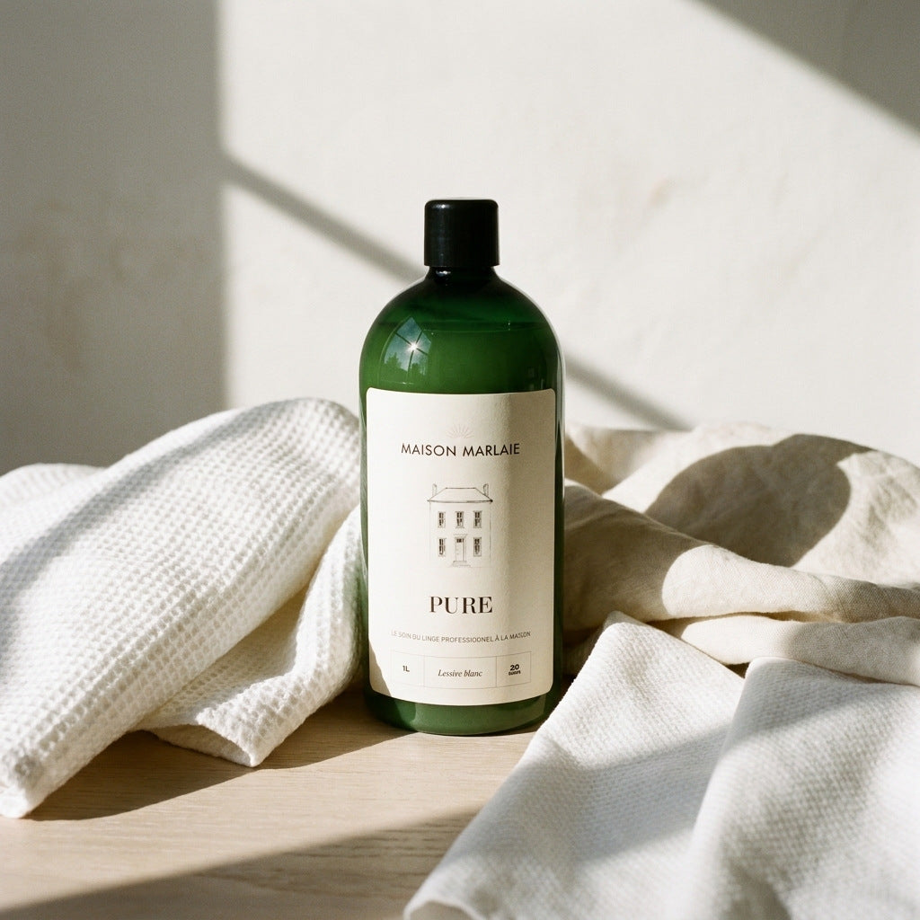 Lessive PURE Maison Marlaie posee sur du linge gaufre ecru