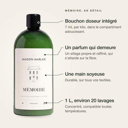 MÉMOIRE en détail : bouchon doseur intégré, parfum qui demeure, main soyeuse, 1 L pour environ 20 lavages