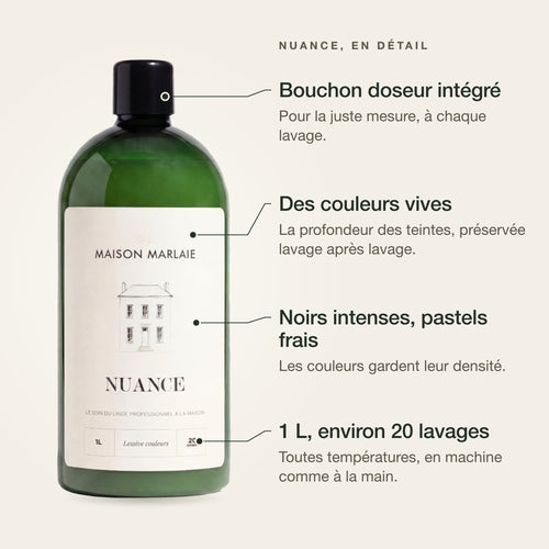 NUANCE en détail : bouchon doseur intégré, couleurs vives, noirs intenses et pastels frais, 1 L pour environ 20 lavages