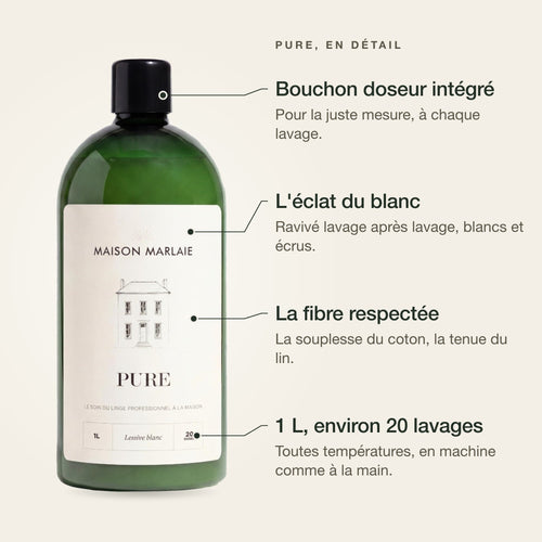 PURE en détail : bouchon doseur intégré, éclat du blanc ravivé, fibre respectée, 1 L pour environ 20 lavages