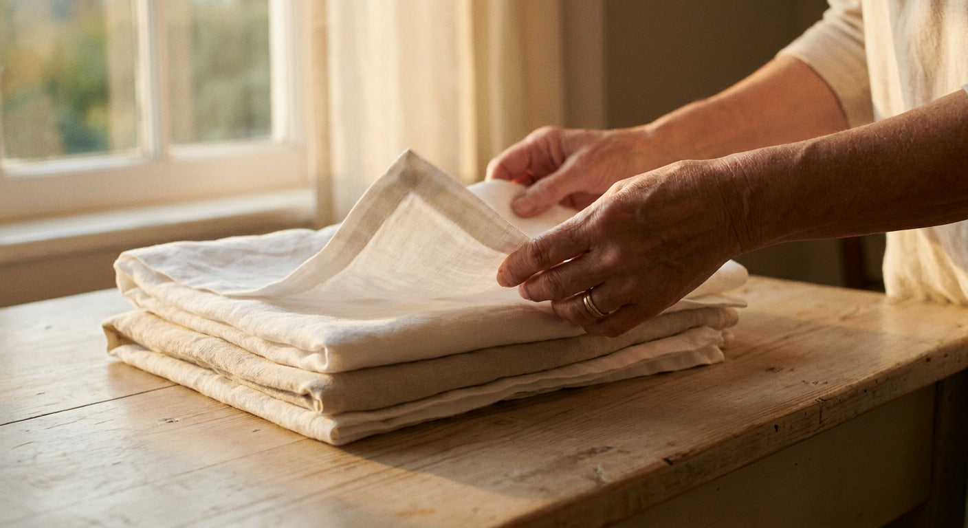 Des mains plient une pile de linge en lin à la lumière du jour