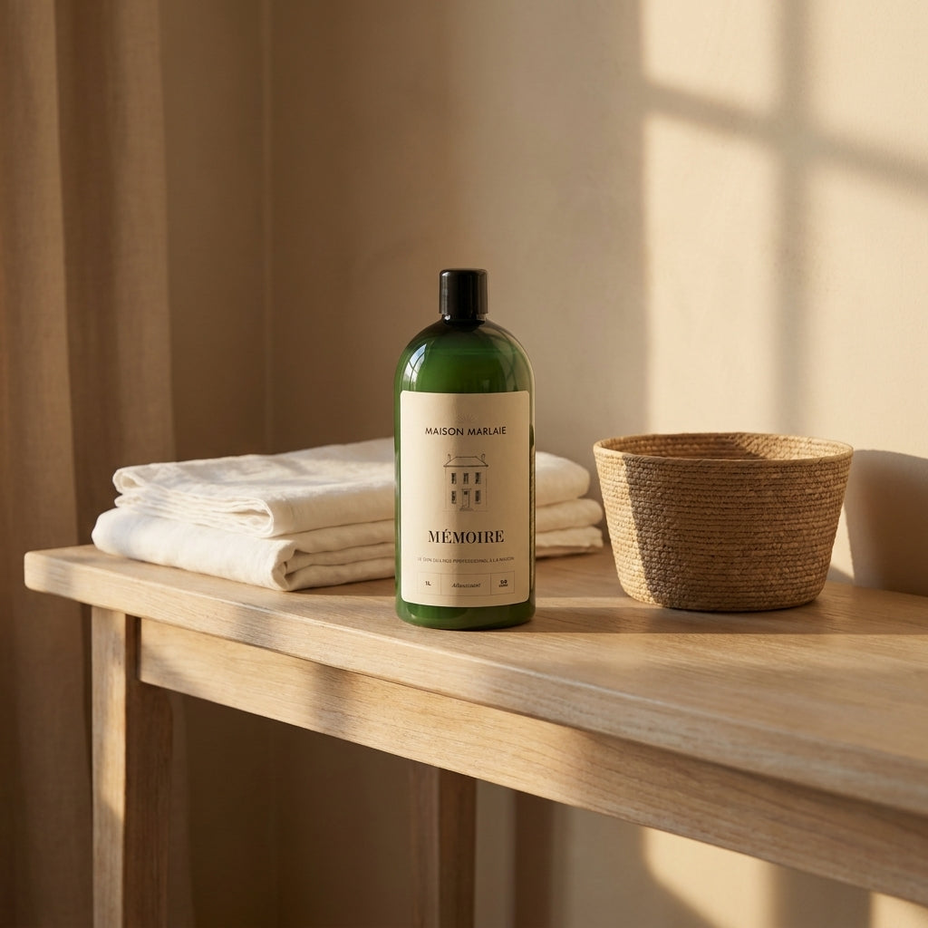 Flacon Mémoire sur une console en bois, linge plié